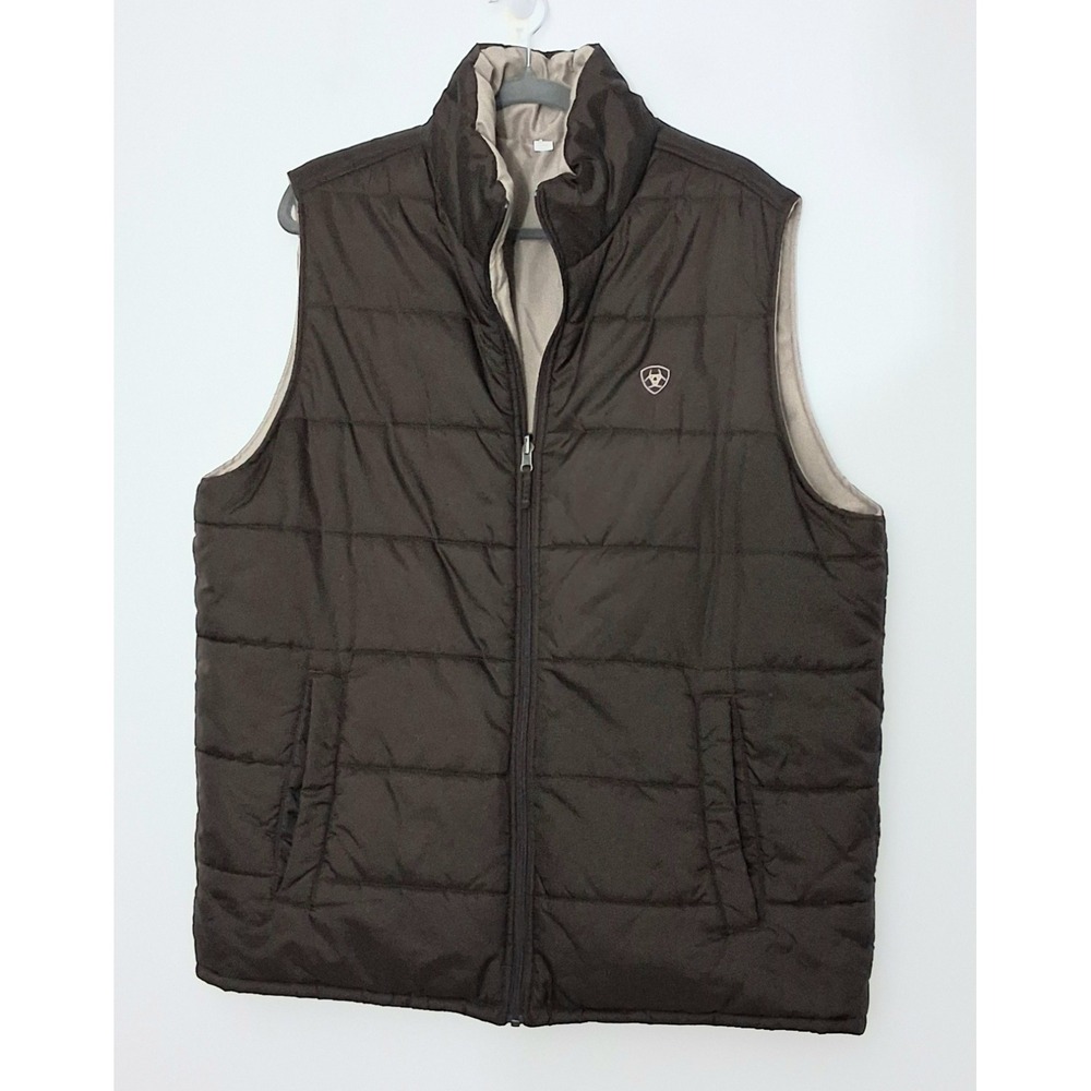 Ariat Reversible Puffer Vest Mens Size XL Brown Tan Full Zip Pockets Lightweight